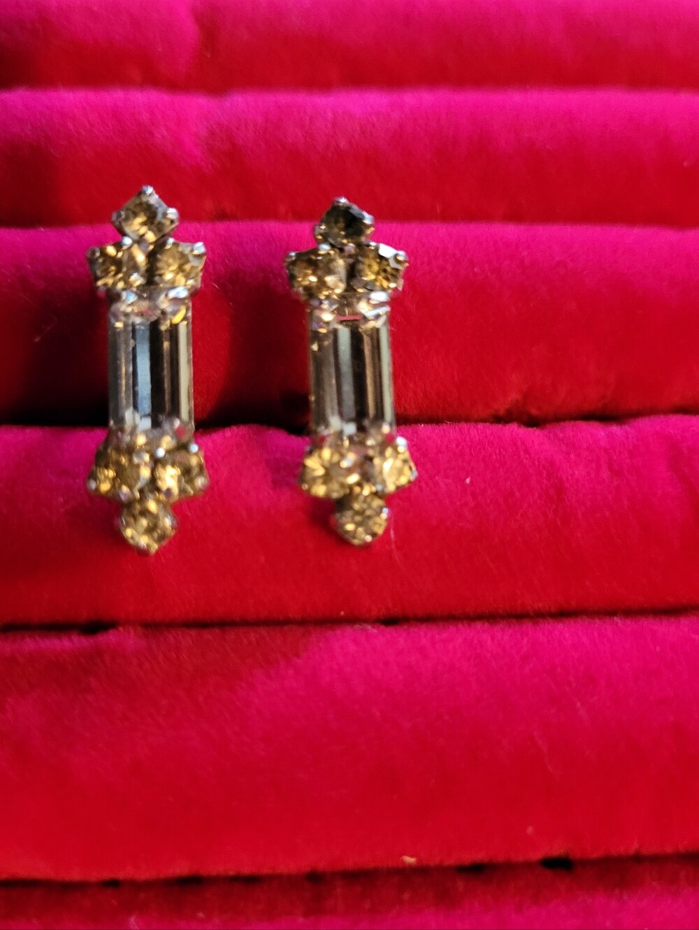 Vintage Silver Tone Crystal Baguette Rectangle Stud Earrings